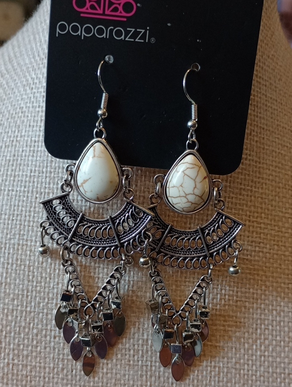 paparazzi Silver-Tone Cream Stone Chandelier Earrings